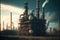 High smokestacks and large fuel tanks at petrochemical industry plant