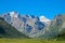 High snow mountain glacier and green valley in Tian Shan