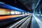 High-speed autonomous self-driving train at railway station at night. Generative AI