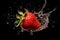 A high-speed capture of a knife slicing through a strawberry, resulting in a burst of juice and seeds, capturing the dynamic and