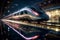 High speed futuristic train at night. Motion blur as the train speeds through a station