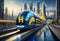 High-speed hydrogen train in the city. 3D rendering. The concept of modern transport., generative ai