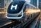 High speed hydrogen train with h letter on the background of the modern city, generative ai