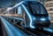High speed hydrogen train with neon light in the city. 3D rendering, generative ai