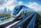 High-speed hydrogen train on the road in the city. 3d rendering, generative ai