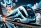 High speed hydrogen train with U letter on the bridge. 3d rendering, generative ai