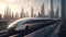 A high-speed hyperloop train demonstrates its power while speeding through a futuristic metropolis. Generative AI