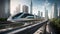 High-Speed Maglev Train Moving through City