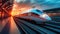 High-Speed Maglev Trains in motion, long exposure shot, futuristic design speeding through vibrant landscapes