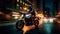 High-speed motorcycle rider racing through a beautiful city at night. created with Generative AI