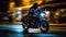 High-speed motorcycle rider racing through a beautiful city at night. created with Generative AI