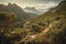 High-speed mountain biking , featuring a daring rider navigating a rugged, rocky trail, with a breathtaking mountain vista as the