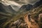 High-speed mountain biking , featuring a daring rider navigating a rugged, rocky trail, with a breathtaking mountain vista as the