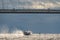 a high-speed passenger hydrofoil boat passes under a cable-stayed bridge in sunny weather, dark storm clouds in the
