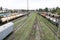 High speed passenger train in motion on railroad at sunset. Blurred commuter train.