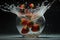 High speed photography of red strawberries splashing into water, generative Ai