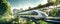 A high-speed train enters a futuristic train station, symbolizing the concept of rail transport infrastructure. City train of the