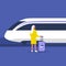 High speed train locomotive, young female character standing on a platform with a luggage