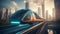 High speed train races through Dubai futuristic cityscape at twilight generated by AI