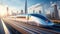 A high-speed train racing along a sleek, elevated railway track