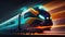 High speed train rides in neon lights long exposition, modern technology of future logistics transport concept