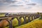 high-speed train roars past bridge, with view of the countryside visible through the windows