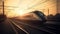 High speed train silhouette in motion at sunset. Fast moving modern passenger train on railway platform