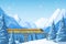 High-speed train traveling by rail, on a bridge, among mountains, snow-covered hills, winter forest pines and hills. Winter fir