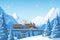 High-speed train traveling by rail, on a bridge, among mountains, snow-covered hills, winter forest pines and hills. Winter fir