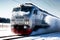 High-speed train traveling in winter through snow to station railway transport