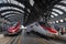 High-speed trains approaching platforms at Milano Centrale, the main railway station of Milan city in Italy