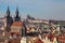 High spires towers of Tyn church in Prague city.