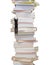 High stack of books with climbing businessman hang on it