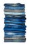High stack of various shades of blue jeans