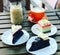 High tea time. Ice coffee, latte, rainbow cake , red velvet cheese cake & black forest cake