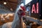 A high-tech chicken farm managed by artificial intelligence. Control Dashboard with phrase AI and chicken