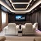 A high-tech home theater with reclining leather seats, a massive screen, surround sound speakers, and LED ambient lighting3