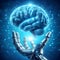 High tech medical device with robotic hand holding brain in futuristic AI experiment ai generated