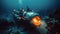 High tech mini submarine, preparing for underwater biology research. Marine life, seeking fish species and water data.
