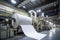 high-tech paper plant, with robotic machines tending to the production process