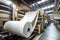 high-tech paper plant, with robotic machines tending to the production process