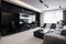 high-tech video conference in sleek and minimalist living room with white walls and black accents