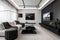 high-tech video conference in sleek and minimalist living room with white walls and black accents