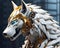 high-tech wolf robot is in white and gold.