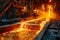 High-temperature Molten Steel Flowing in Industrial Foundry, Hot Metal Casting Process, Heavy Manufacturing