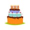 High three-tiered birthday cake with chocolate top, cream decor and candles on white background