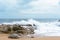 High Tides Coming on to the Rocky Shores of Costa Brava in Spain, cloudy weather