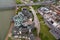 High top view of city buildings from Dusseldorf Rhine Tower. Ger