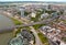 High top view of city buildings and motorway from Dusseldorf Rhine Tower. Germany