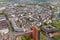 High top view of many roofes of city houses from Dusseldorf Rhine Tower in summer sunny day. Germany